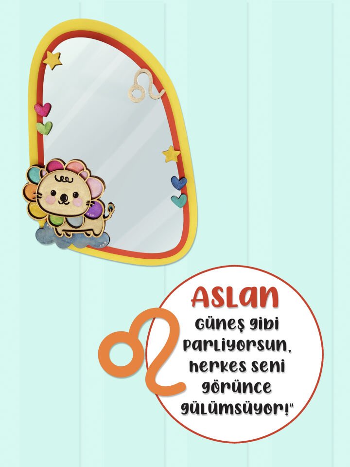 Aslan Burcu Işıltılı El Yapımı Çocuk Odası Ahşap Duvar Aynası,El Boyama Dekoratif Sanat Eseri