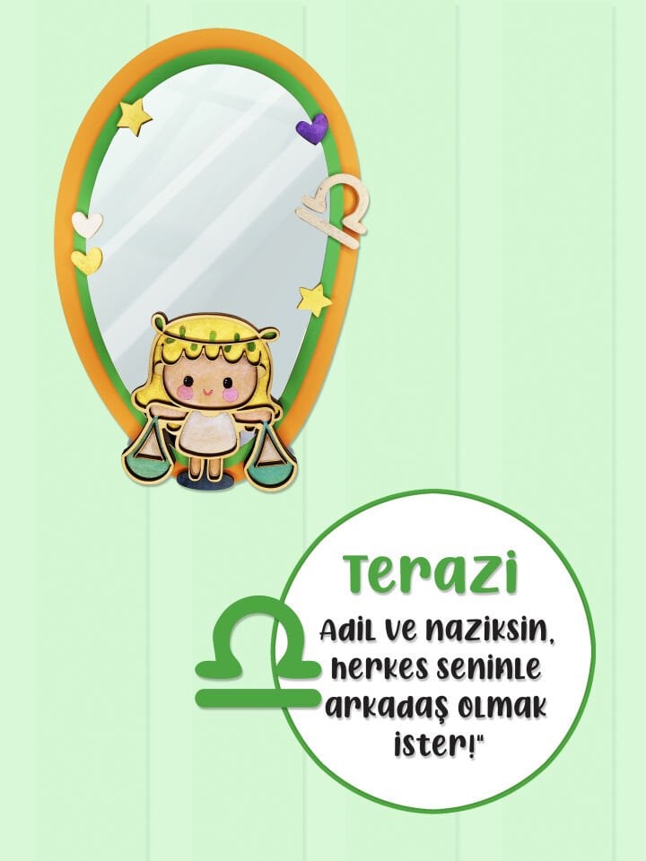 Terazi Burcu Işıltılı El Yapımı Çocuk Odası Ahşap Duvar Aynası,El Boyama Dekoratif Sanat Eseri
