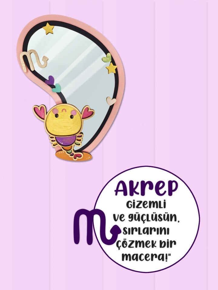 Akrep Burcu Işıltılı El Yapımı Çocuk Odası Ahşap Duvar Aynası,El Boyama Dekoratif Sanat Eseri