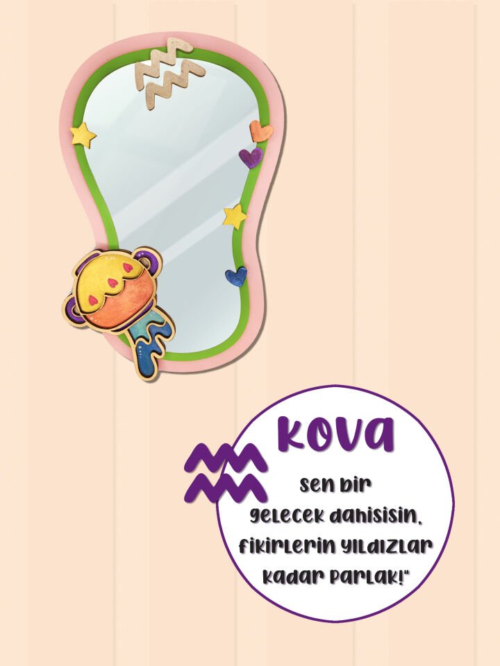 Kova Burcu Işıltılı El Yapımı Çocuk Odası Ahşap Duvar Aynası,El Boyama Dekoratif Sanat Eseri