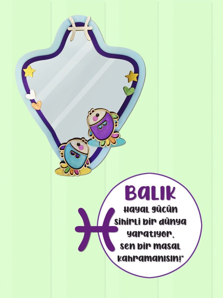 Balık Burcu Işıltılı El Yapımı Çocuk Odası Ahşap Duvar Aynası,El Boyama Dekoratif Sanat Eseri