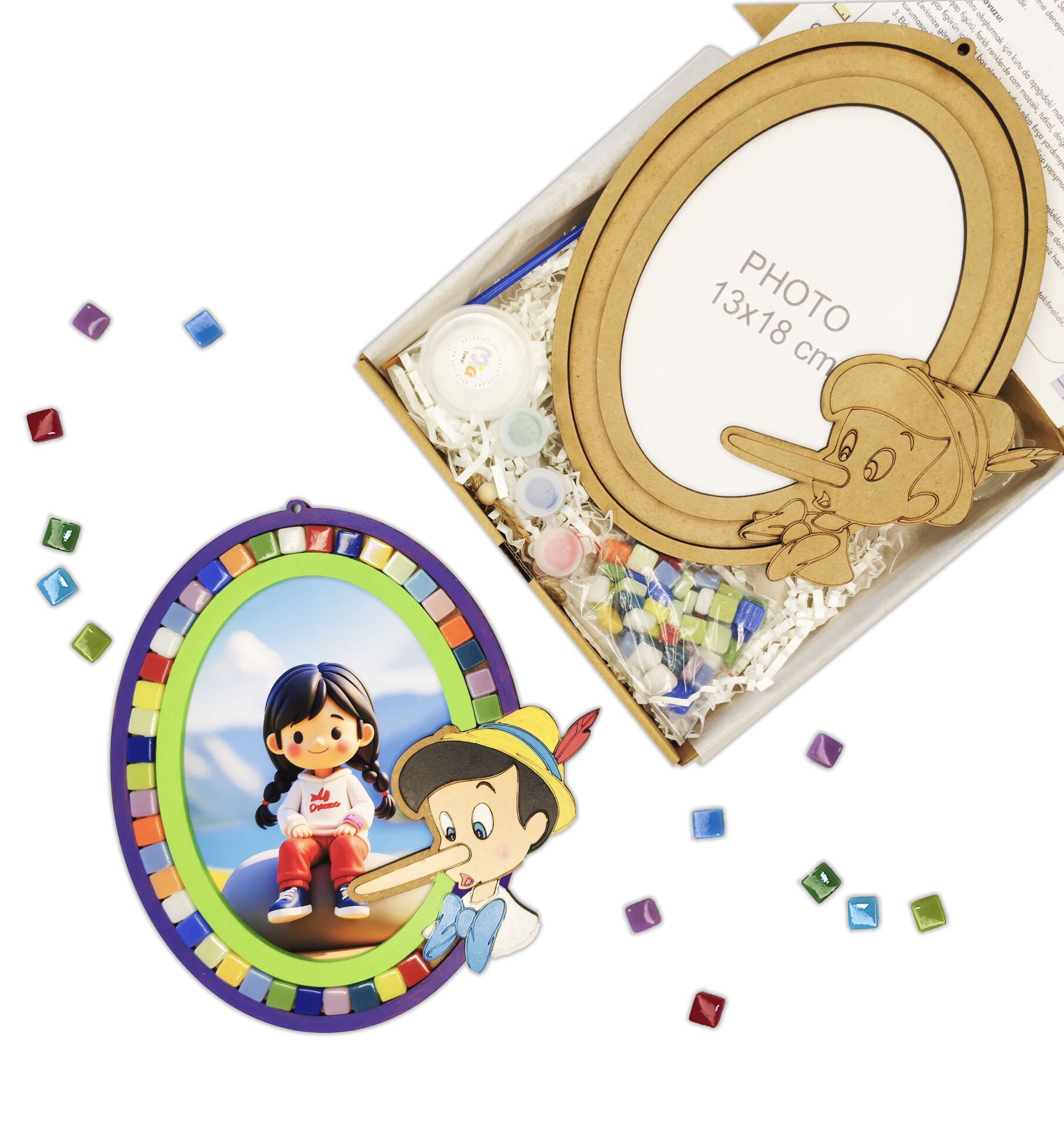 3'ü 1 Arada Çocuk Etkinlik Seti: Ahşap Çerçeve, Pinokyo Boyama ve Mozaik - Çocuk DIY Etkinlik Seti