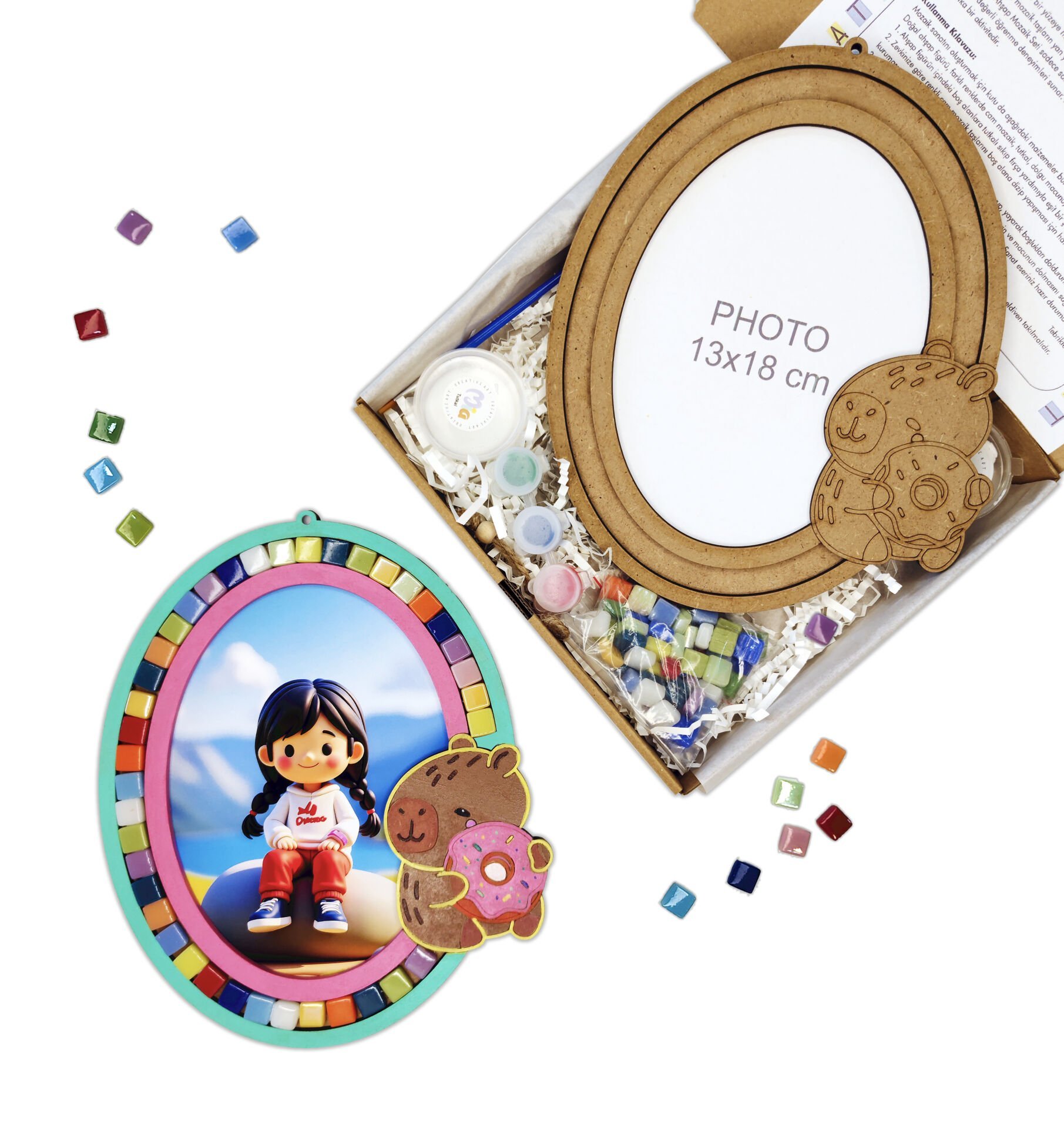 3'ü 1 Arada Çocuk Etkinlik Seti: Ahşap Çerçeve, Kapibara Boyama ve Mozaik - Çocuk DIY Etkinlik Seti