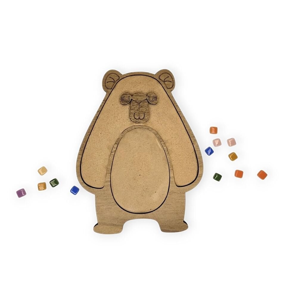 Ayı Çerçeve Figürü-Ahşap Görünümlü Özel Kaplamalı Kolay Silinen Ahşap Baz (Ham MDF Değil)