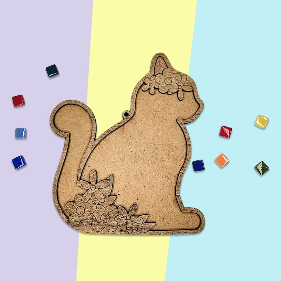 Çiçekli Kedi Mozaik Sanat Seti- Ahşap Figürlü Sanatsal Mozaik Çocuk Etkinlik Seti-Kendin Yap Seti