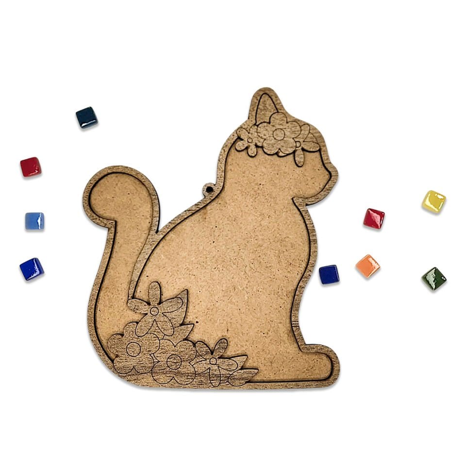 Çiçekli Kedi Mozaik Sanat Seti- Ahşap Figürlü Sanatsal Mozaik Çocuk Etkinlik Seti-Kendin Yap Seti