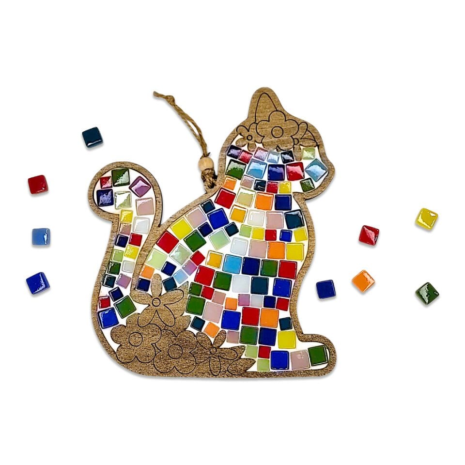 Çiçekli Kedi Mozaik Sanat Seti- Ahşap Figürlü Sanatsal Mozaik Çocuk Etkinlik Seti-Kendin Yap Seti
