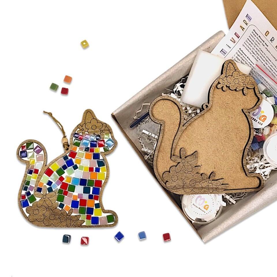 Çiçekli Kedi Mozaik Sanat Seti- Ahşap Figürlü Sanatsal Mozaik Çocuk Etkinlik Seti-Kendin Yap Seti