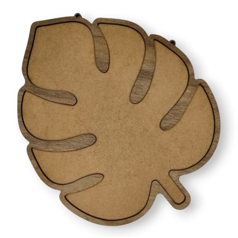 Tropikal Yaprak Figürü-Ahşap Görünümlü Özel Kaplamalı Kolay Silinen Ahşap Baz (Ham MDF Değil)- 32,5x26cm