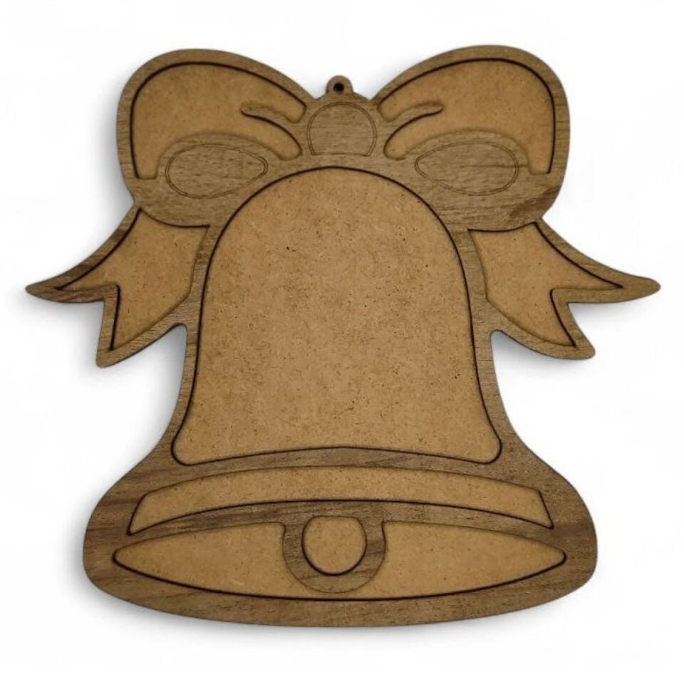 Yılbaşı Çanı Figürü-Ahşap Görünümlü Özel Kaplamalı Kolay Silinen Ahşap Baz (Ham MDF Değil)- 22x25cm